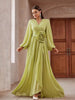 Elegant 3D Floral Decorated Ankle-Length Lantern Sleeve Maxi Dress