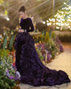 Elegant 3D Flower With Detachable Train Full Sleeves Velvet Long Maxi Dress