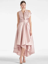 Elegant A-Line Tea-Length V-Neck Bows Satin Fabric Sleeveless Dress