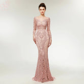 Elegant Beading Pearls Long Sleeves Mermaid Evening Prom Party Dress