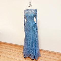 Elegant Boat Neck Mermaid Lace Evening Night Dress for Women