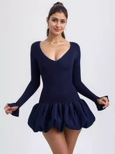 Elegant Bubble Hem Drop-Waist Round Neck Long Sleeve Bodycon Mini Dress