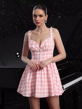 Elegant Check Plaid Sleeveless Mini Dress With Sweetheart Neckline