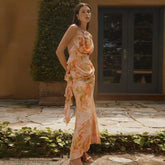 Elegant Chic 3D Floral Printed Halter Backless Sleeveless Holidays Party Dress