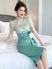 Elegant Chic Lace Spliced Satin Sheer Short Sleeve Evening Midi Dress