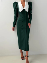 Elegant Classic Patchwork Lapel Long Sleeve Bodycon Midi Dress