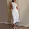 Elegant Cotton Linen Lace Up O Neck Sleeveless Single Breasted Waist Up Midi Dress