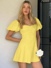 Elegant Cotton Square Neck Short Sleeve Open Back Lace-Up Mini Dress