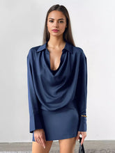 Elegant Cowl Pleated Solid Color Neck Long Sleeves Mini Dress