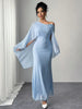 Elegant Diagonal collar One-Shoulder Corsage Mesh Cape Ultra Long Maxi Dress