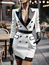 Elegant Double Breasted Peak Lapel With Belt Tailored Slim Fit Mini Blazer Dress