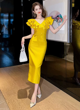 Elegant Chic Ruffle V-Neck Slim Midi Long Evening Dress