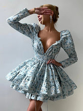 Elegant Loose Print High Waist Pleated V-Neck Long Sleeve Mini Dresses