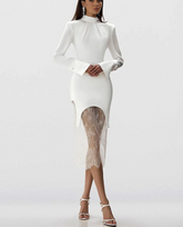 Elegant Slim Long Sleeve Dress With Lace High Waist Midi Skirt 2 Piece Set