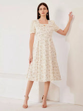 Elegant Floral Cottage Square Neck Puff Sleeves A-Line Midi Dress