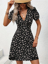 Elegant Floral Printed V Neck Fit and Flare Puff Sleeve Mini Dress