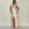 Elegant Halter Backless Print Deep V Neck Sleeveless Ruffled Maxi Dress
