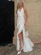 Elegant Halter Neck Open Back Ruffled Slim Side Slit Floor-Length Dress