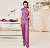 Elegant Halter Waist Cinching Sleeveless Fake Pockets Wide Leg Jumpsuit
