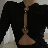 Elegant Hollow Out Long Sleeve Bodysuit Metal Ring Folds Tops
