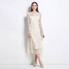 Elegant Hollow Out Pearl Embroidery Lace Top Midi Skirt Outfits Party Evening 2 Piece Sets