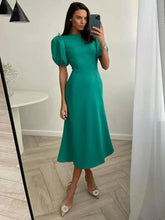 Elegant Jewel Neck Puff Short Sleeve Polyester Beach Midi Dress