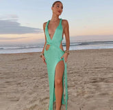 Elegant Knit Hollow Ribbed Backless V-neck High Slit Beach Style Long Dress