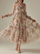 Elegant Lace Lantern Sleeve Mesh Print Cascading Ruffle Vacation Ball Gown Dresses