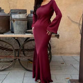 Elegant Lace Up Round Neck Satin Flare Sleeve Slim Maxi Dress