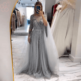 Elegant A Line Beads Sequin Long Cape Sleeves Formal Prom Wedding Party Gowns