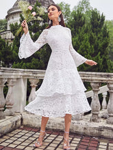 Elegant Long Flared Sleeve Bell Sleeve Layered Zipper Party Midi Lace Dress