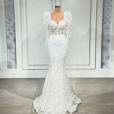 Elegant Long Puff Sleeves Lace Evening Night Dresses