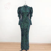 Elegant High Neck Long Puff Sleeves Mermaid Velvet Sequin Wedding Prom Evening Party Gowns