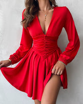 Elegant Long Sleeve Neck Ruched A Line Flowy Mini Dress