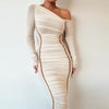 Elegant Long Sleeved Mesh Spliced Diagonal Shoulder Mid Length Skirt Pleated Midi Dress