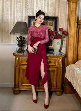 Elegant Luxury Evening Lace Sheer O-Neck Skinny Party Prom Long Dresses