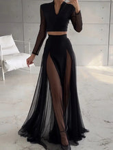 Elegant Mesh Patchwork Elastic Waist Chic Holiday Skirts Sets