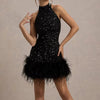 Elegant Metal Rings Backless Halter Bandage Party Puffy Mini Dress