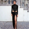 Elegant O-Neck Pleat Hollow Full Sleeve Stretch Bandage Bodycon Maxi Dress