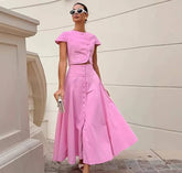 Elegant O-neck Single Breasted Short Sleeve Short Top Button Wide Leg Skirts