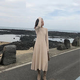 Elegant O-neck Slim Waist Midi Sweater Dress