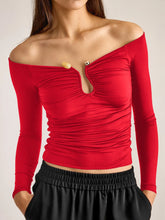 Elegant Off Shoulder Long Sleeves Button Ruched Bodycon Crop T-Shirt