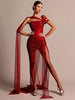 Elegant One Shoulder Ruched Crystal Fishnet High Side Slit Sleeves Glitter Prom Cocktail Party Evening Maxi Long Dress