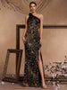 Elegant One Shoulder Sequins Slit Wedding Party Maxi Dress