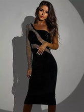 Elegant One Shoulder Sheer Bodycon With Midi Club Dress