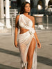 Elegant One-shoulder Rhinstones Fishnet Diamond Pleated Long Dress