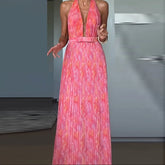 Elegant Pattern Print Pleated Sleeveless Backless Low-cut V-neck Tie-up Evening Long Maxi Dress