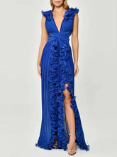 Elegant Pleated Ruffles Design Gathered Waist Party Prom Long Split Dress