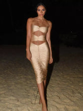 Elegant Polyester Cutout Halter Open Shoulder Bodycon Midi Dress