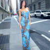 Elegant Pullover Print V-Neck Slips Backless Bodycon Maxi Dress